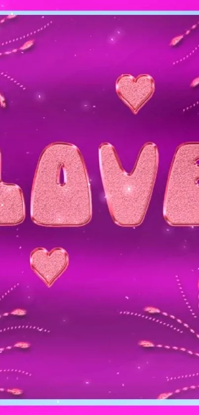 Vibrant purple wallpaper with love design and hearts.