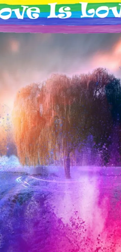 Vibrant tree with rainbow splashes and 'Love Is Love' text.