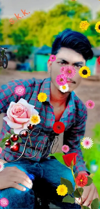 Man in casual wear with rose in vibrant setting.