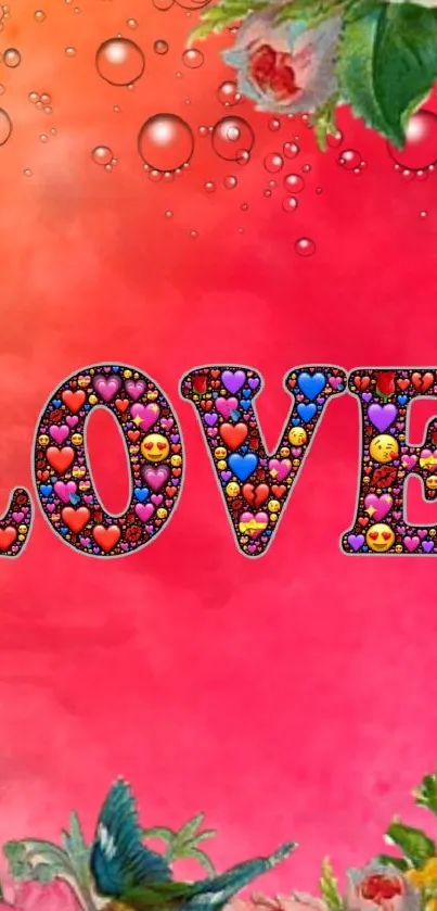 Vibrant love wallpaper with heart emojis and colorful gradient.