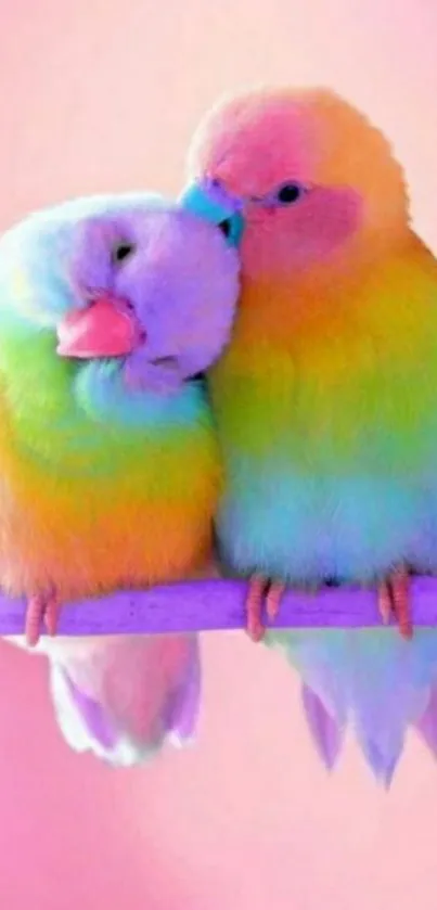 Two vibrant lovebirds on a pastel pink background, hugging gently.