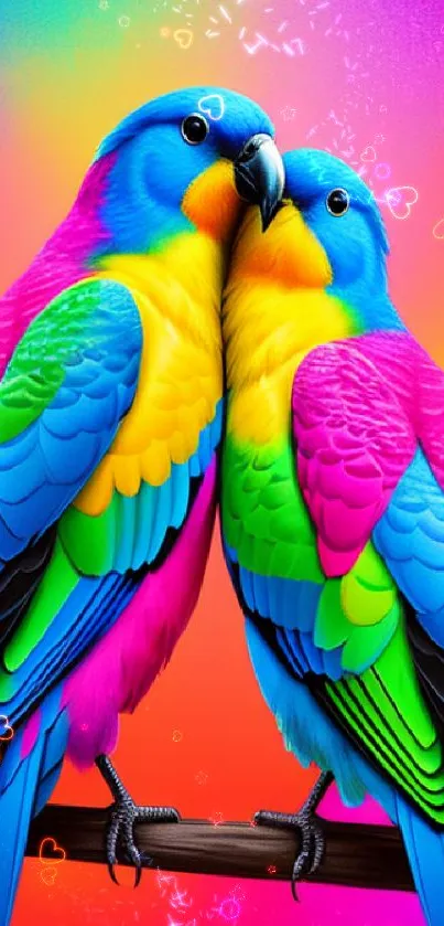 Two vibrant lovebirds with rainbow feathers on a colorful background.