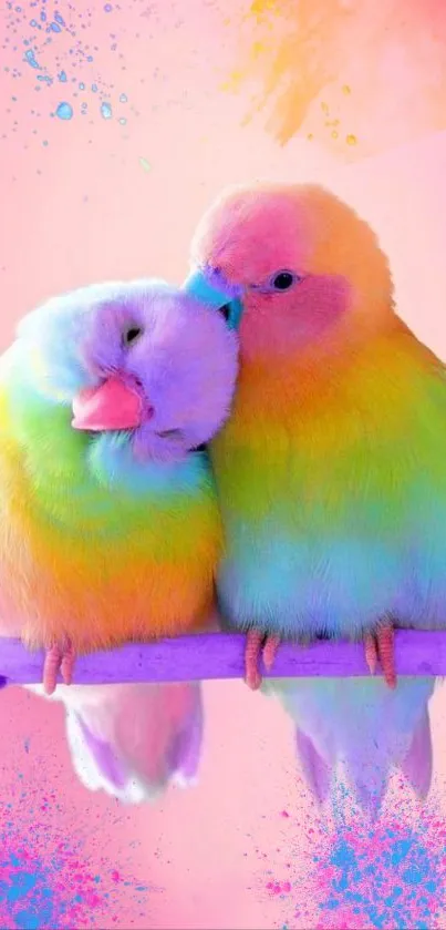 Vibrant lovebirds on a pink background.