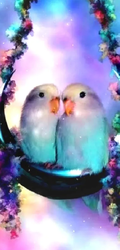 Two lovebirds on a swing with vibrant colors.