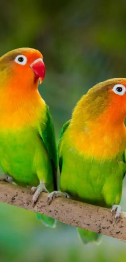 Vibrant lovebirds perched on a branch with a green background.