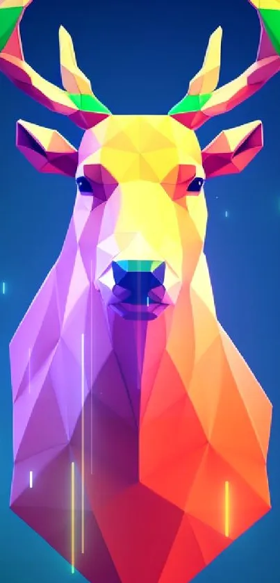 Low poly deer art with vibrant colors on a blue background.