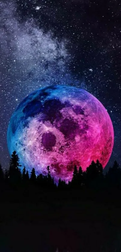 Vibrant multicolored moon in a starry night sky over a forest silhouette.