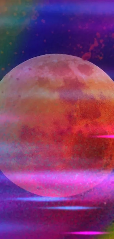 Vibrant moon with colorful cosmic design against a purple night sky backdrop.