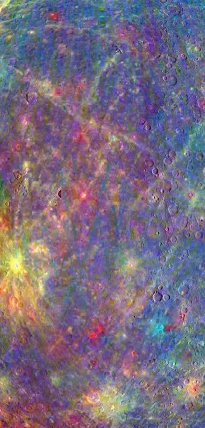 Vibrant lunar surface with colorful textures and cosmic art design.