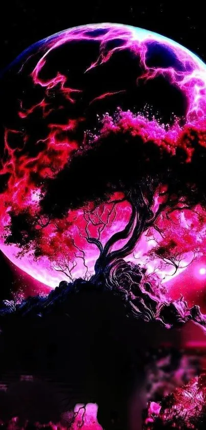 Vibrant lunar scene with glowing pink hues and tree silhouette.