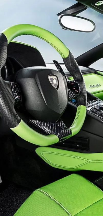 Vibrant green luxury car interior with sleek design.