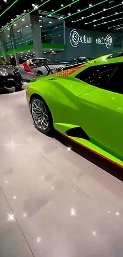 Neon green luxury car in a modern showroom with sparkling lights.