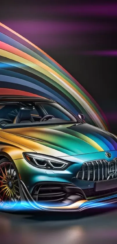 Luxury car with rainbow stripes on a dark background.