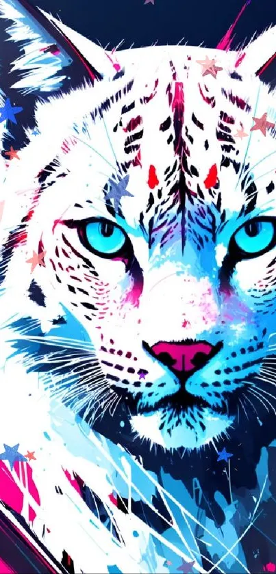 Vibrant lynx with blue and pink colors in digital art.