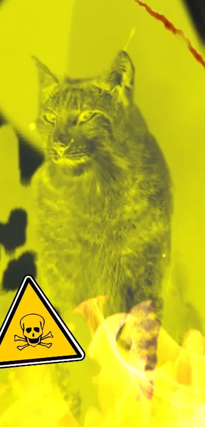 Vivid lynx wallpaper with caution sign and yellow background.