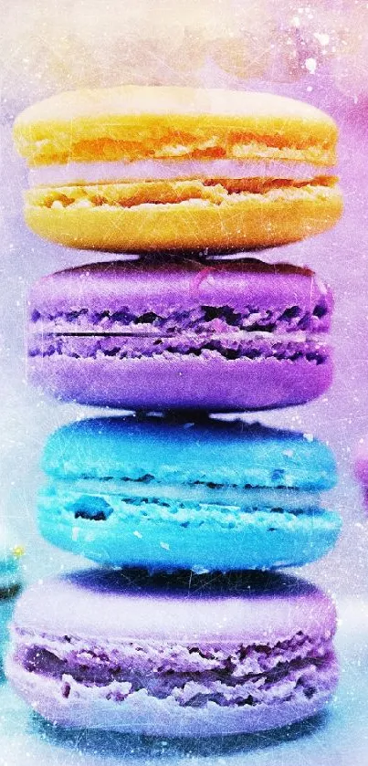 Vibrant and colorful macaron stack in a pastel art background.