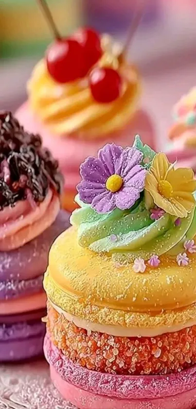 Colorful macarons with decorative flowers.