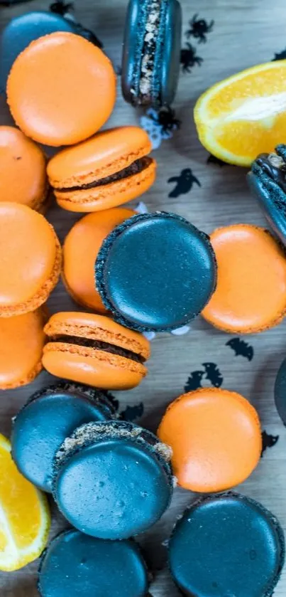 Vibrant orange and dark blue macarons scattered on a surface.