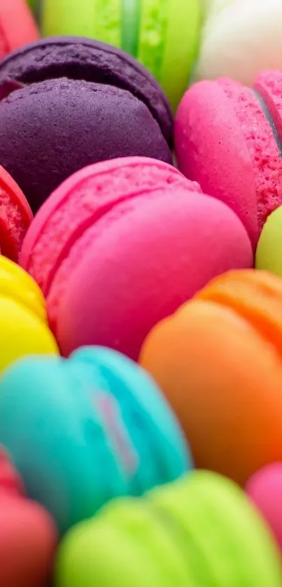 Vibrant multicolored macarons in a vibrant phone wallpaper.