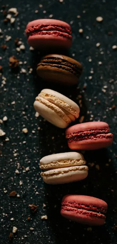 Colorful macarons scattered on dark surface.