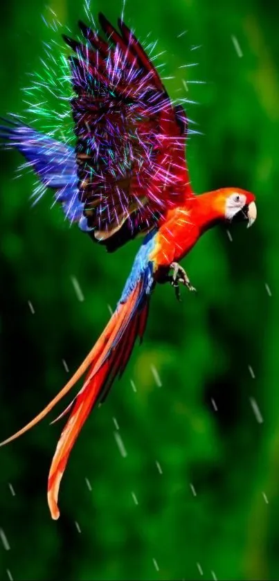 Vibrant macaw parrot flying over a lush green background.