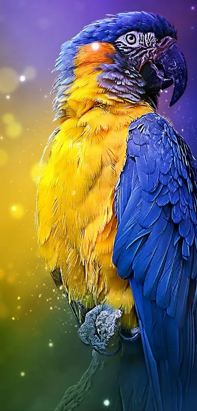 Vibrant blue and yellow macaw wallpaper with a colorful background.