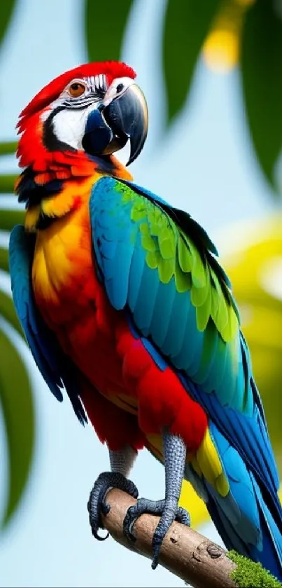 Vibrant macaw perched in lush tropical setting.