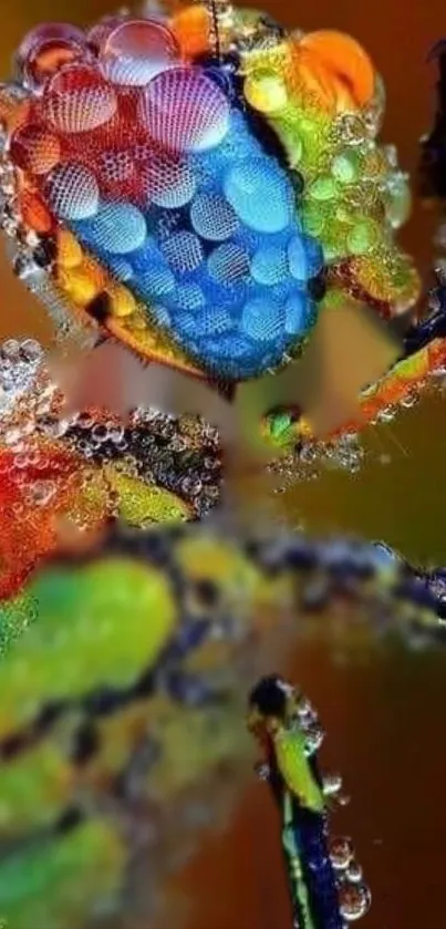 Colorful macro insect with dew drops on its vibrant body.