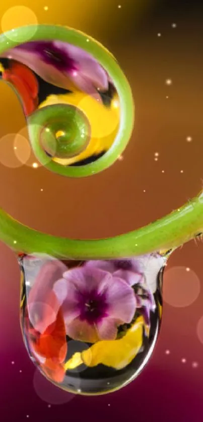 Vibrant macro image with a colorful droplet on a plant curl.