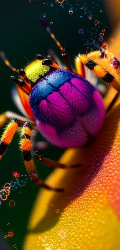 Vibrant macro image of a colorful spider on an orange and yellow surface.