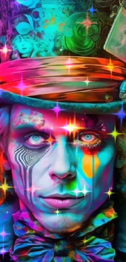 Neon Mad Hatter wallpaper with vibrant colors and artistic design.