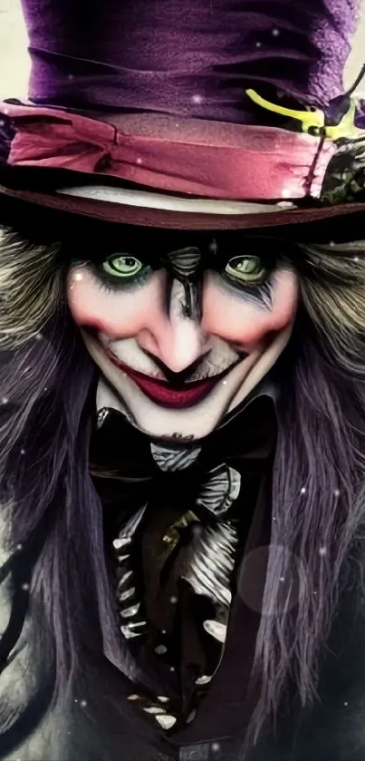 Whimsical Mad Hatter illustration with purple hat and green eyes.