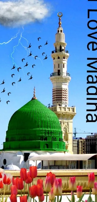 Colorful artwork of Madina skyline with green dome and vibrant tulips.