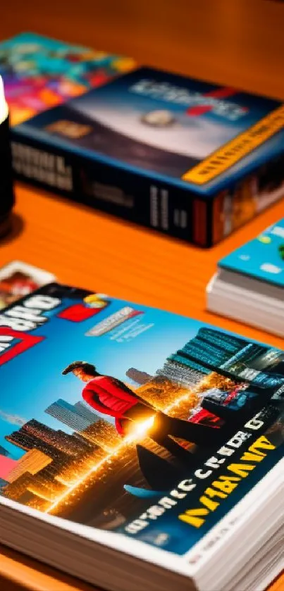 Vibrant magazines stacked on a wooden table.