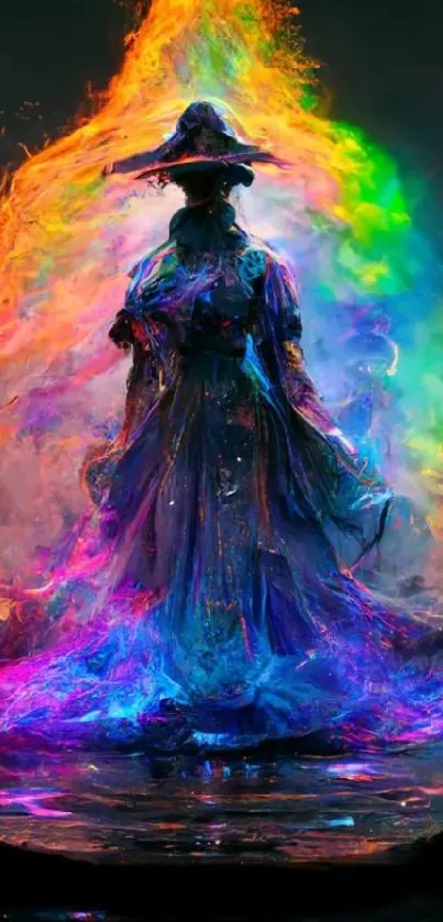 Mystical figure with vibrant, colorful aura background.