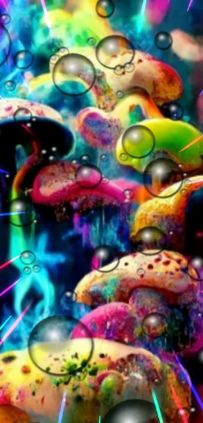 Colorful magic mushrooms with neon and bubbles.