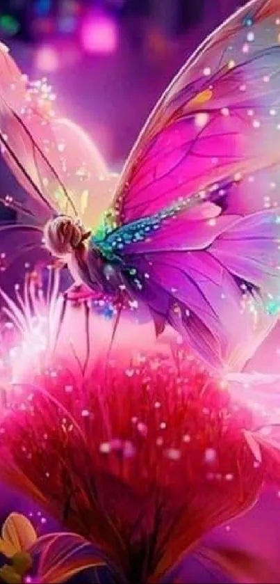 Magical butterfly on a vibrant pink flower.