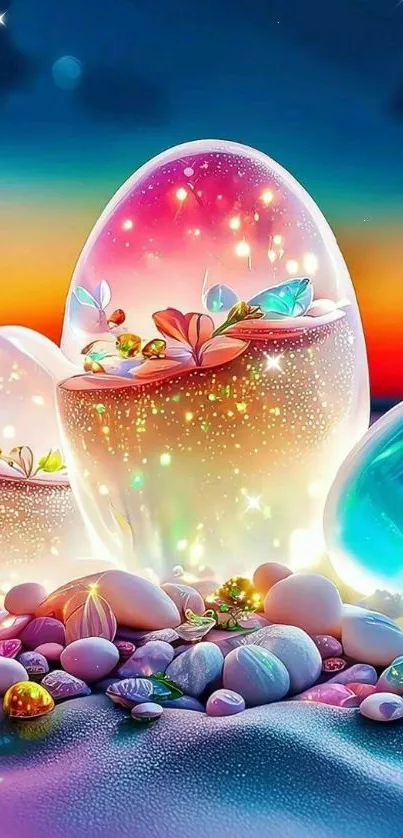 Fantasy landscape with glowing eggs and vibrant colors.