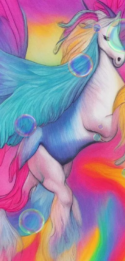 Vibrant pegasus art with colorful wings and flowing mane.