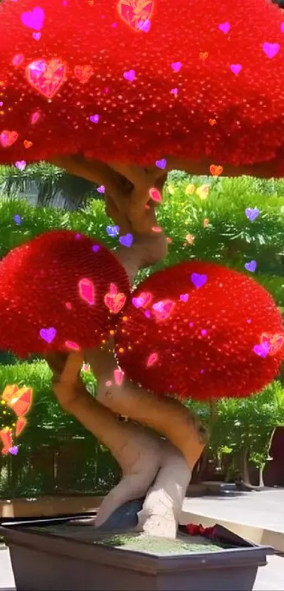 Vibrant magical tree with heart-shaped sparks.