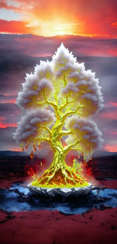 Magical glowing tree with orange sunset, surreal fantasy art.