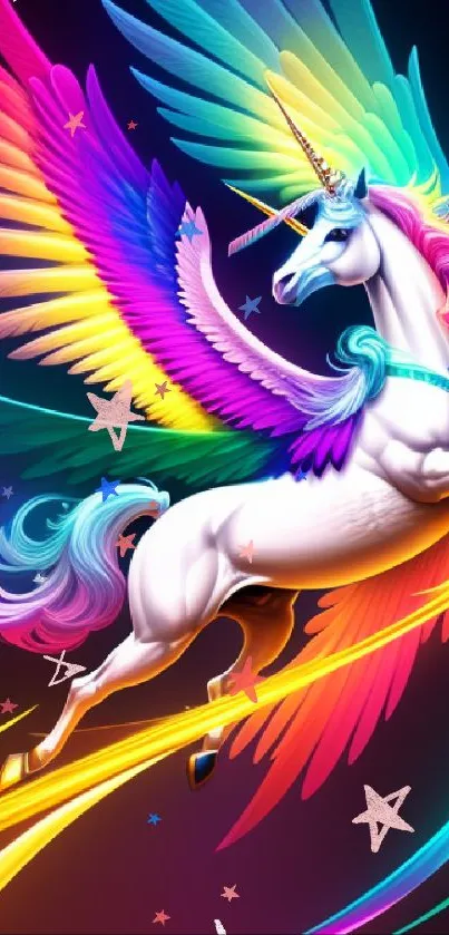 Colorful unicorn with rainbow wings on a dark background.