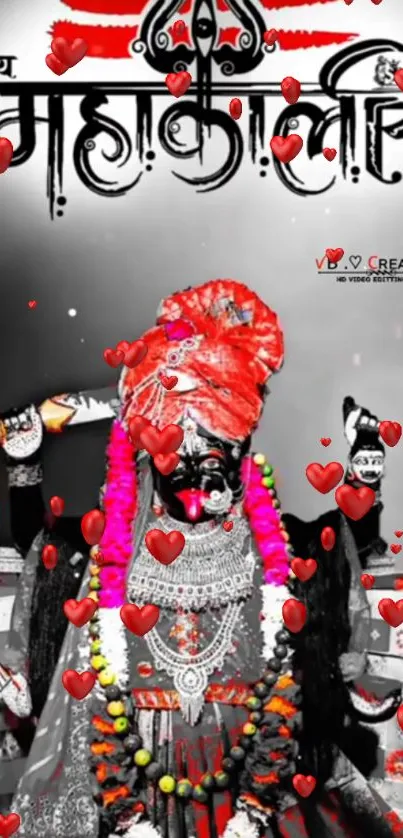 Mahakali wallpaper with red hearts and traditional attire.