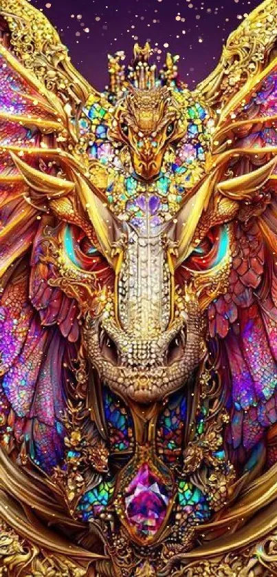 Vibrant dragon artwork with golden details and colorful accents on a dark background.