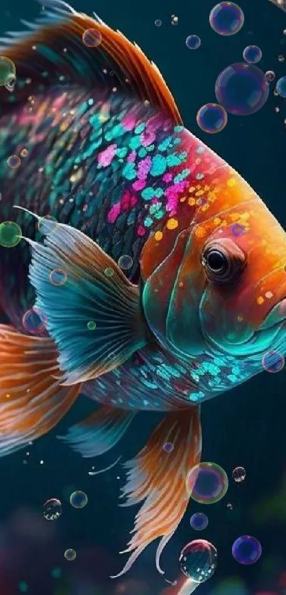 Vibrant digital art wallpaper of a colorful, majestic fish with bubbles.