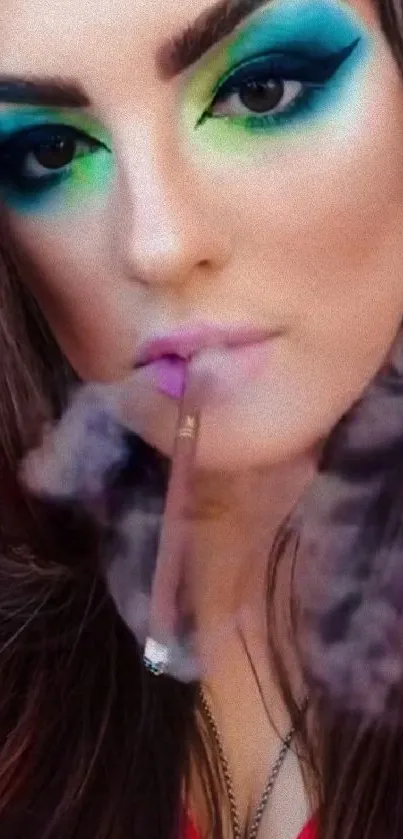 Woman with vibrant makeup and pink top with smoke effect.