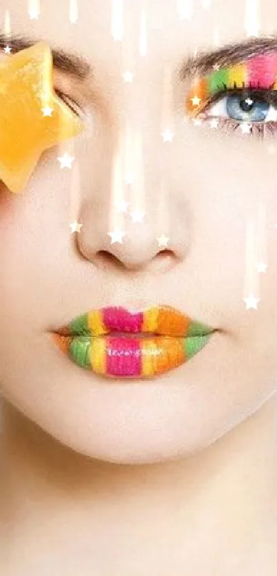 Creative makeup art with colorful lollipop accent on vibrant wallpaper.