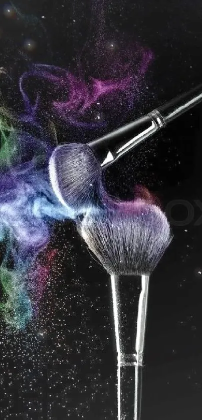 Colorful powder bursts from makeup brushes on black background.