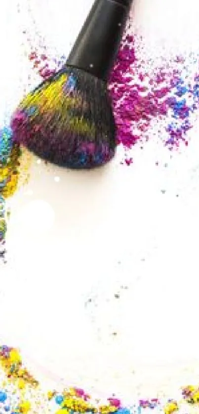 Vibrant phone wallpaper of makeup brush with colorful powder.