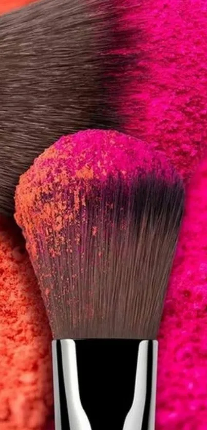 Colorful makeup brushes with pink and orange powder.